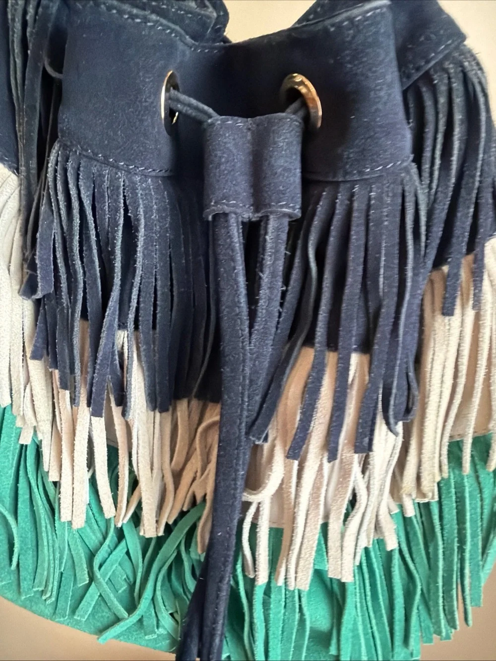 Boden Fringe leather Drawstring Bucket Bag Blue Taupe Teal Festival Western Boho